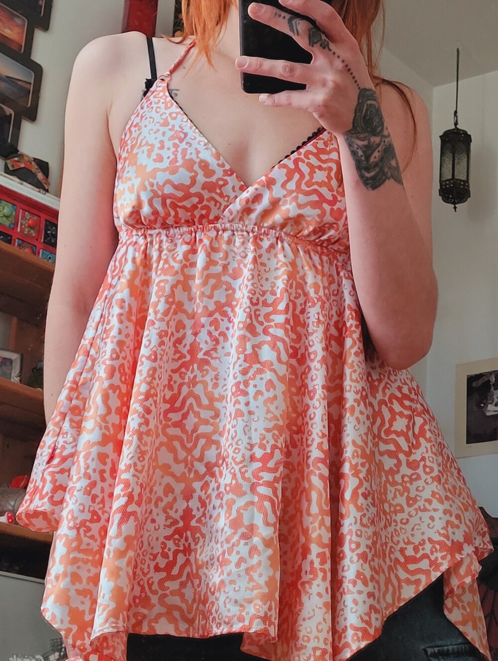 La SENZA Vintage Y2k Orange & White Leopard Print Satin Asymmetrical Chemise - M - Picture 8 of 9